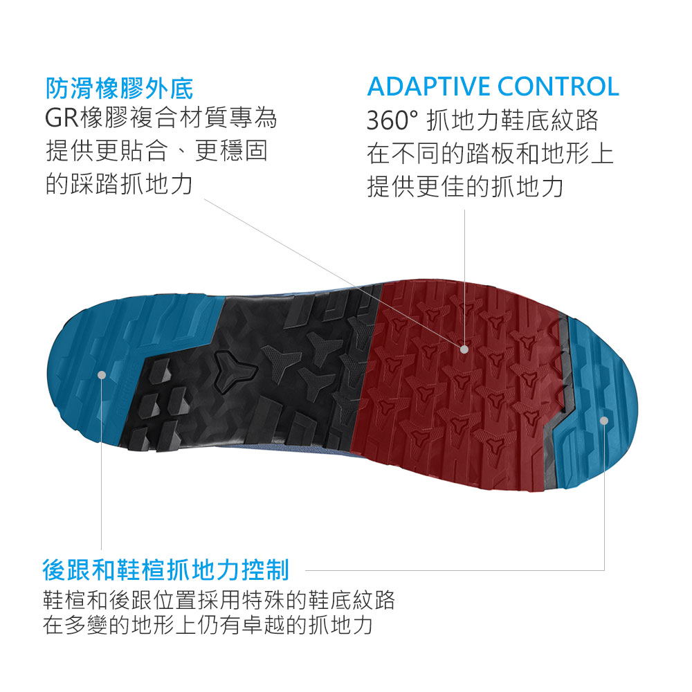 防滑橡膠外底GR橡膠複合材質專為提供更貼合、更穩固的踩踏抓地力ADAPTIVE CONTROL360°抓地力鞋底紋路在不同的踏板和地形上提供更佳的抓地力後跟和鞋楦抓地力控制鞋楦和後跟位置採用特殊的鞋底紋路在多變的地形上仍有卓越的抓地力