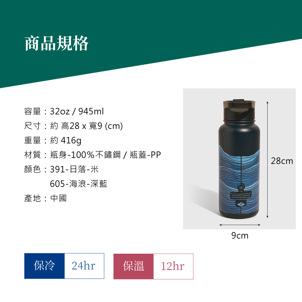 商品規格容量:32oz / 945ml尺寸:約 高28 x 寬9 (cm)重量:約 416g材質:瓶身-100%不鏽鋼/瓶蓋-PP28cm顏色:391-日落-米605-海浪-深藍產地:中國保冷 24hr 保溫 12hr