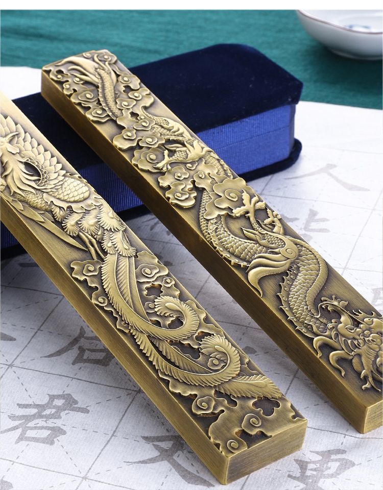 咨詢客服有驚喜】龍鳳黃銅鎮紙鎮尺仿古壓尺文房四寶毛筆壓紙書法鎮尺一