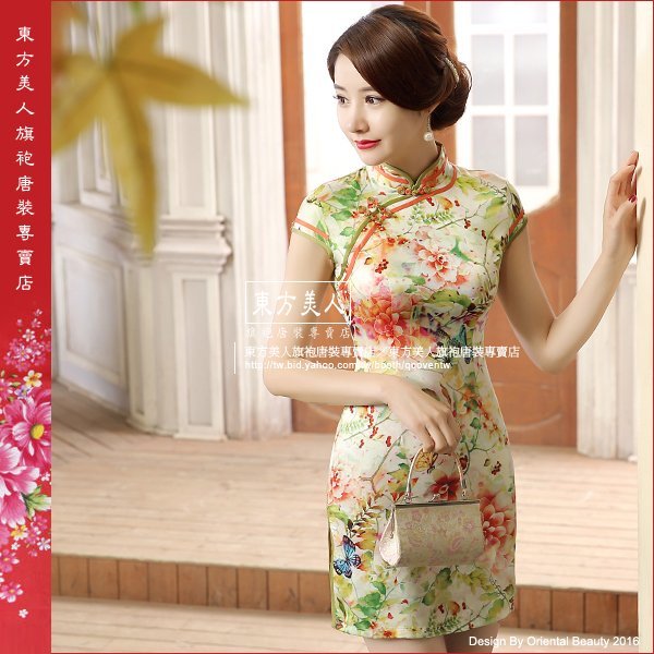 特賣會東方美人旗袍唐 裝專賣店玉顏 仿絲軟緞時尚印花雙色滾邊半月包袖短旗袍更便宜日本樂天購物網網址 特賣會資