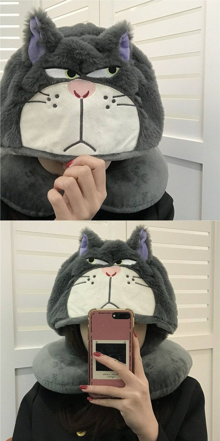 搞怪斜眼路西法貓咪u型枕帶帽子旅行坐車睡覺枕頭護頸枕辦公室用 寢具 枕頭