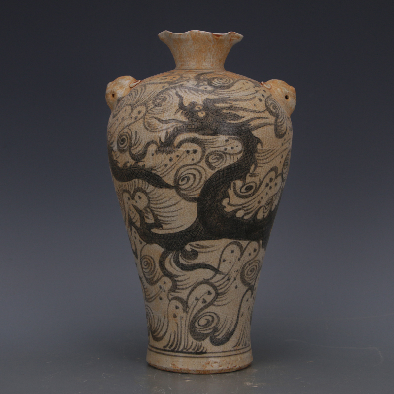 元代青花龍紋雙耳荷葉口梅瓶仿古瓷器舊貨古玩景德鎮古典軟裝擺件| 協貿