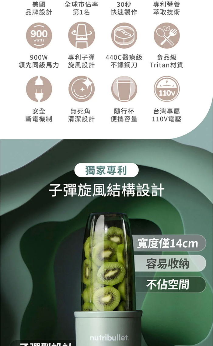 美國品牌設計全球市佔率30秒第1名快速製作專利營養萃取技術900watts900W專利子彈440C醫療級領先同級馬力旋風設計不鏽鋼刀食品級Tritan材質110v安全斷電機制無死角清潔設計隨行杯便攜容量台灣專屬110V電壓獨家專利子彈旋風結構設計nutribullet.寬度僅14cm容易收納不佔空間