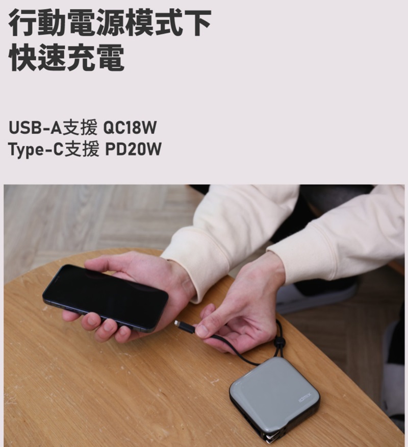 行動電源模式下快速充電USB-A支援Type-C支援PD20W