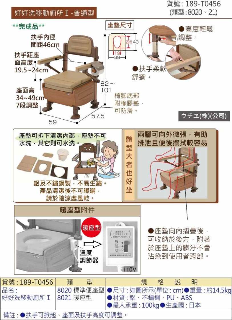 移動式馬桶 行動馬桶:不鏽鋼製!整體高度可調整,扶手柔軟又舒適!座墊可拆,除座墊不可水洗外,其它都可水洗!可依需求選購加溫座墊型!高度可依身型調整! 移動式馬桶 行動馬桶:不鏽鋼製!整體高度可調整,扶手柔軟又舒適!座墊可拆,除座墊不可水洗外,其它都可水洗!可依需求選購加溫座墊型!高度可依身型調整!