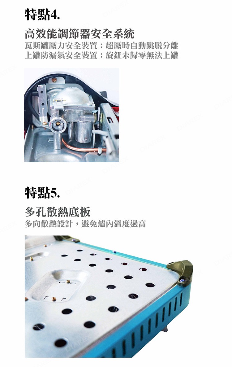 特點4.高效能調節器安全系統瓦斯罐壓力安全裝置:超壓時自動跳脱分離上罐防漏氣安全裝置:旋鈕未歸零無法上罐特點5.多孔散熱底板多向散熱設計,避免溫度過高