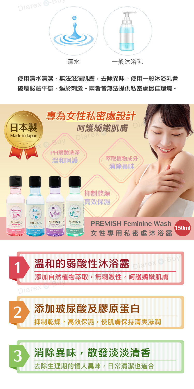 Diarx清水般沐浴乳使用清水清潔無法滋潤肌膚,去除異味。使用一般沐浴乳會破壞酸鹼平衡,過於刺激。兩者皆無法提供私密處最佳環境。日本製Made in Japan專為女性私密處設計呵護嬌嫩肌膚 Die  DiarePH弱酸洗淨溫和呵護萃取植物成分消除異味RichRefreshBrighteningRelax抑制乾燥一高效保濕PREMISHPREMISHPREMISHPREMISHPREMISH Feminine Wash女性專用私密處沐浴露150ml1溫和的弱酸性沐浴露Diarex Diarex eBuy添加自然植物萃取,無刺激性,呵護嬌嫩肌膚 添加玻尿酸及膠原蛋白抑制乾燥,高效保濕,使肌膚保持清爽滋潤 消除異味,散發淡淡清香3去除生理期的惱人異味,日常清潔也適合