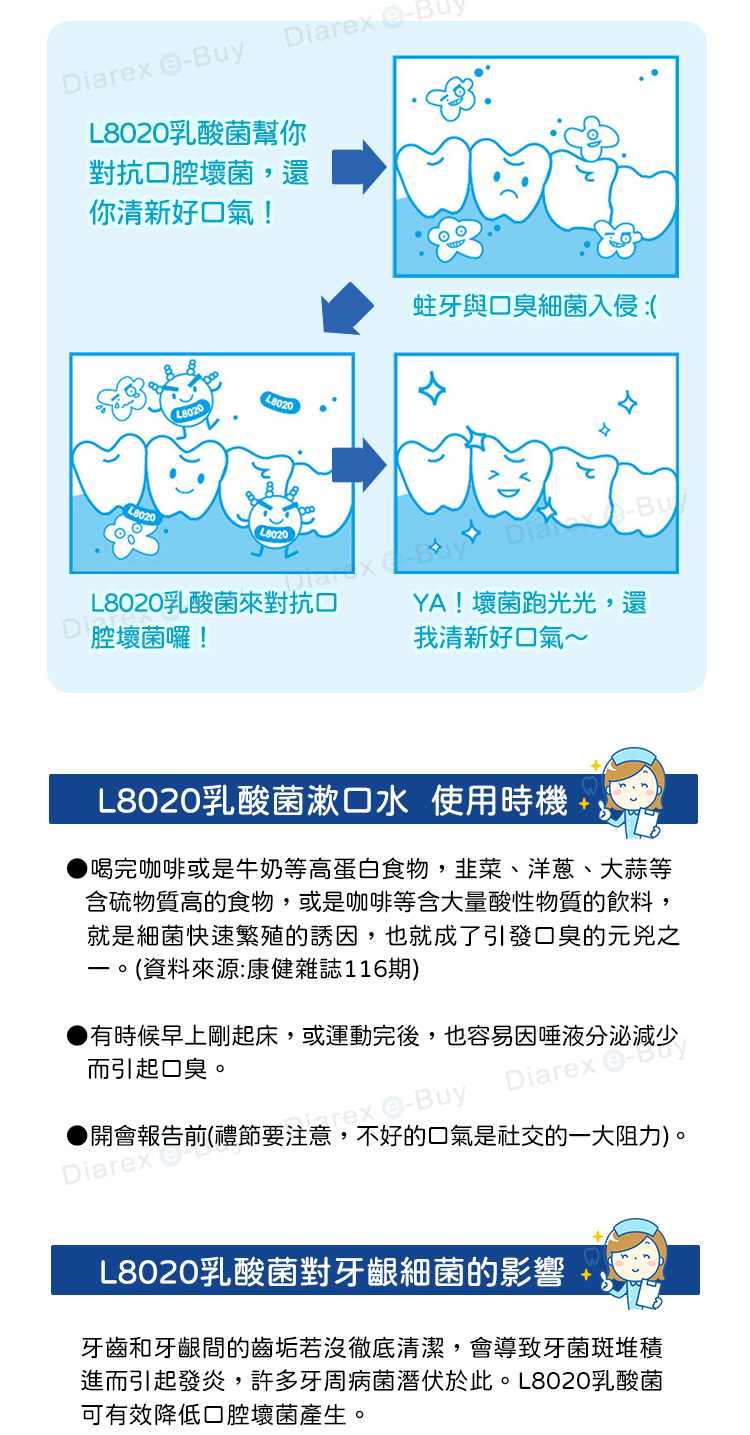 iarx Diarx eBuy乳酸菌幫你對抗口腔壞菌,還你清新好口氣!L8020L8020蛀牙與口臭細菌入侵:(口L8020乳酸菌來對抗口YA!壞菌跑光光,還D 腔壞菌囉!我清新好口氣~L8020乳酸菌漱口水 使用時機▶喝完咖啡或是牛奶等高蛋白食物,韭菜、洋蔥、大蒜等含硫物質高的食物,或是咖啡等含大量酸性物質的飲料,就是細菌快速繁殖的誘因,也就成了引發口臭的元兇之(資料來源:康健雜誌116期)有時候早上剛起床,或運動完後,也容易因唾液分泌減少而引起口臭。Diarex e-不好的口氣是社交的一大阻力)。▶開會報告前(禮節要注意uyDiarex L8020乳酸菌對牙齦細菌的影響牙齒和牙齦間的齒垢若沒徹底清潔,會導致牙菌斑堆積進而引起發炎,許多牙周病菌潛伏於此。L8020乳酸菌可有效降低口腔壞菌產生。