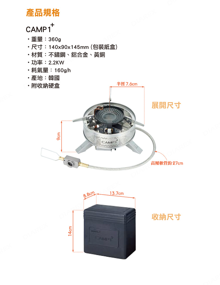 產品規格+CAMP1重量:360gp尺寸:140x90x145mm(包裝紙盒)材質:不鏽鋼、鋁合金、黃銅功率:2.2KW·耗氣量:160g/h·產地:韓國·附收納硬盒CAMPI7.6cm8.8cm13.7cm展開尺寸高壓軟管約27cm收納尺寸