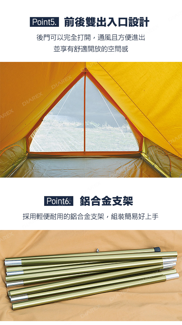 前後雙出入口設計後門可以完全打開,通風且方便進出並享有舒適開放的空間感EXDIAREXAREXPoint6採用輕便耐用的鋁合金支架,組裝簡易好上手DIAREXDIAR