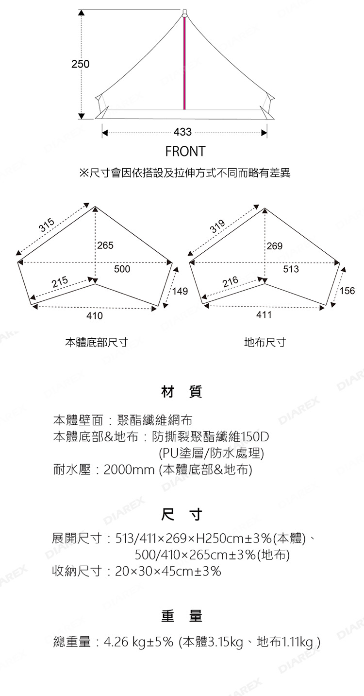 AREX315250433FRONT尺寸會因依搭設及拉伸方式不同而略有差異265215500410本體底部尺寸149319269216513411地布尺寸材質本體壁面:聚酯纖維網布本體底部&地布:防撕裂聚酯纖維150D(PU塗層/防水處理)耐水壓:2000mm(本體底部&地布)DIA156DIAREXDIARDIADIAREX尺寸展開尺寸:513/411x269xH250cm±3%(本體)、500/410x265cm±3%(地布)收納尺寸:20x30x45cm±3%重量總重量:4.26 kg±5% (本體3.15kg、地布1.11kg)REXDIAREXDIAR