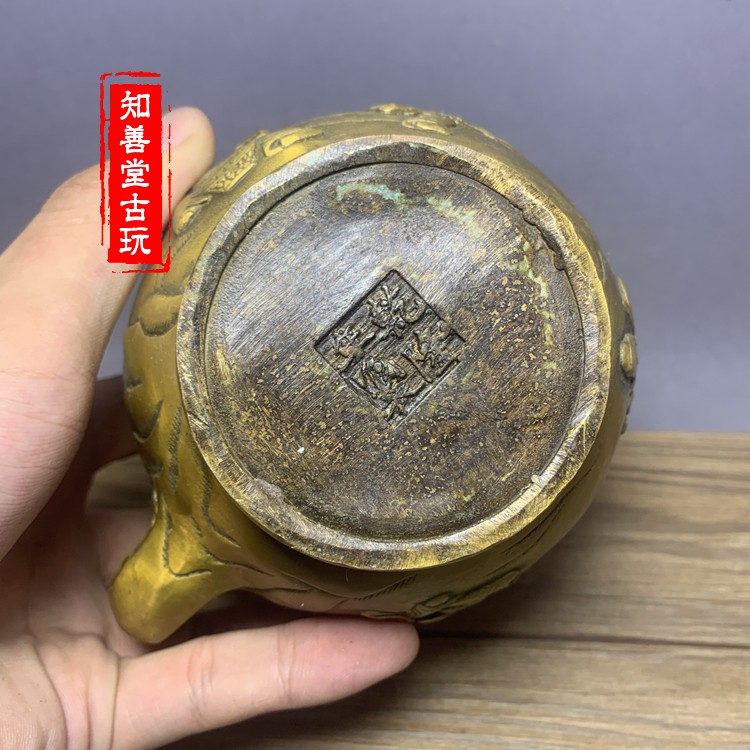 古玩古董銅茶壺厚重純銅打造手工復古和合二仙圖純銅提粱壺擺件| 協貿