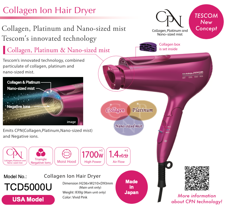 TESCOM Collagen, Platinum and Nano-Sized Mist 1500-Watt Hair dryer - First  and only Beauty Collagen Hair Dryer (Made in Japan) sold by Tescom |  Rakuten.com/shop/