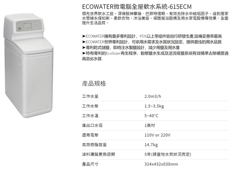 EOWATER微電腦全屋系統-615ECM領先世界軟水工藝,深得股神華倫巴菲特。有效去除水中結垢因子,達到居家水管線永保如新、柔軟衣物、沐浴美容、保護衛浴設備及用水家電設備等效果,全面提升生活品質。ECOWATER擁有最多專利設計,95%以上零組件皆自行研發生產設備妥善率最高世界專利設計,可依用水需求及水質狀況設定,提供最佳的用水品質專利乾式,即時注水設計,減少用鹽及用水量 特有專利的EcoGizer再生程序,動態鹽水生成及逆流吸鹽系統有效精準去除硬度過高惡劣水質產品規格工作水量工作水壓工作水溫進出口水徑適用電壓高效樹脂容量濾料建議更換週期產品尺寸2.0m3/h1.5~3.5kg5~48C1英吋110V or 220V14.7kg5年(視當地水質狀況而定)324x432x838mm