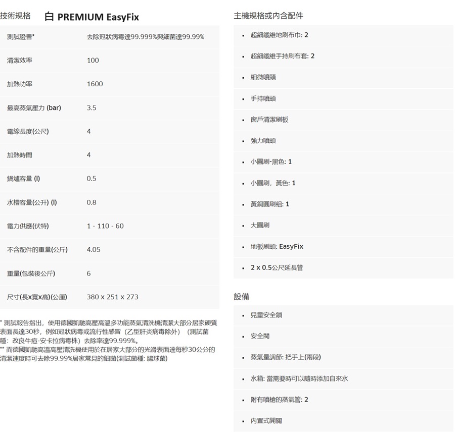 技術規格 PREMIUM EasyFi測試證書去除冠狀病毒99.999%與細菌達99.99%清潔效率00加熱功率1600最高蒸氣壓力bar3.5電線長度(公尺4加熱時間4鍋爐容量(I0.5水槽容量(公升) (1)0.8電力供應(伏特)不含配件的重量(公斤)4.05重量(包裝後公斤)6尺寸(長X寬X高)()380  251 x 273主機規格或內含配件超細地布巾: 2超細纖維手持刷布套: 2細微手持窗戶清潔刷板強力小圓刷-黑色: 1小圓刷,黄色:1黃銅圓刷組:1大圓地板刷頭: EasyFix公尺延長管設備兒童安全鎖* 測試報告指出,使用德國凱馳高壓高溫多功能蒸氣清洗機清潔大部分居家硬質表面長達30秒,例如冠狀病毒或流行性感冒(乙型肝炎病毒除外) (測試菌種:改良牛痘-安卡拉病毒株)去除率達99.999%。而德國凱馳高溫高壓清洗機使用於在居家大部分的光滑表面達每秒30公分的清潔速度時可去除99.99%居家常見的細菌(測試菌種:腸球菌)蒸氣量調節:把手上(兩段)水箱:當需要時可以隨時添加自來水附有槍的蒸氣管:2內置式