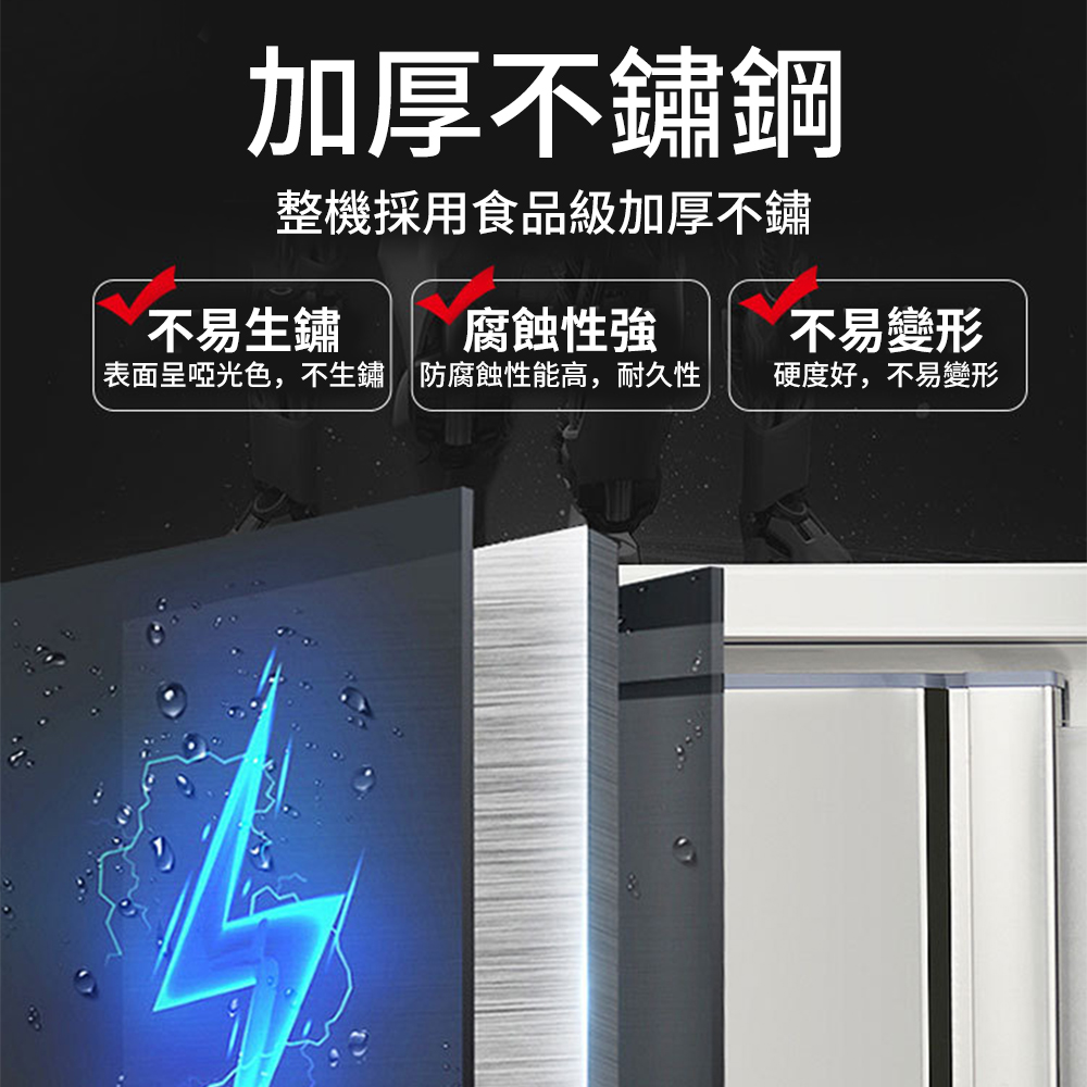 加厚不鏽鋼整機採用食品級加厚不鏽不易變形不易生鏽腐蝕性強| 表面呈啞光色,不生鏽 防腐蝕性能高,耐久性硬度好,不易變形