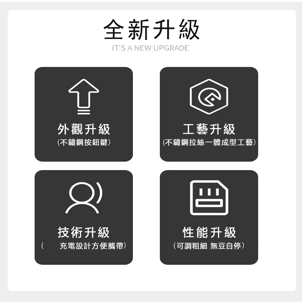 全新升級ITS A NEW UPGRADE外觀升級(不鏽鋼按鈕鍵)工藝升級(不鏽鋼拉絲一體成型工藝)技術升級(充電設計方便攜帶)性能升級(可調粗細 無豆自停)
