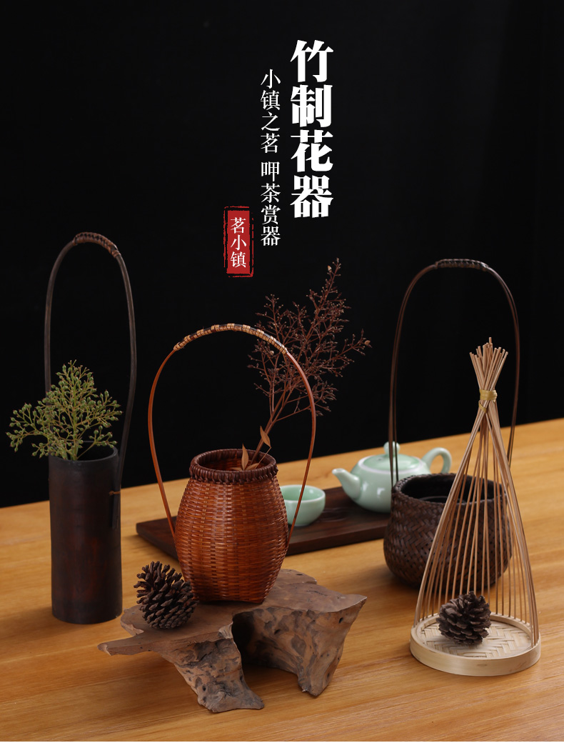 松澤一義 竹編花龍 花入 題「萌」溜塗 花器 竹彩堂 手工花籃中式竹籃竹編花器復古日式花道茶樓茶社裝飾中華花藝擺件| 協貿