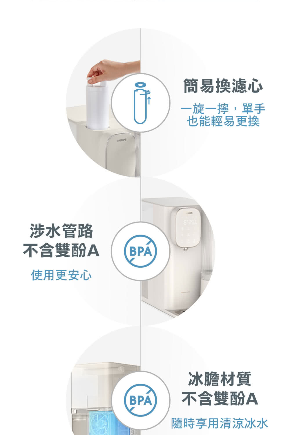 簡易換濾心一旋一擰,單手也能輕易更換涉水管路不含雙酚ABPA使用更安心冰膽材質BPA不含雙酚A隨時享用清涼冰水