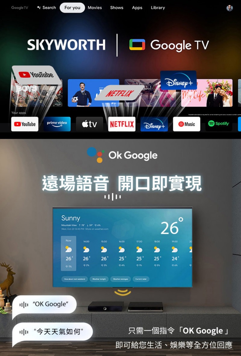 Google TVSearchFor youMovies ShowsAppsLibrarySKYWORTH Google TVYouTubeNETFLIX Your appsYouTubeprime video tv NETFLIX  Music Google遠場語音 開口即實現SunnyMountain View    Wed Oct 23 2:45 PMMore on weather.comNow14:0015:0017:0018:00262626252525241%%    OK Google Spotify“今天天氣如何只需一個指令「OK Google即可給您生活、娛樂等全方位回應
