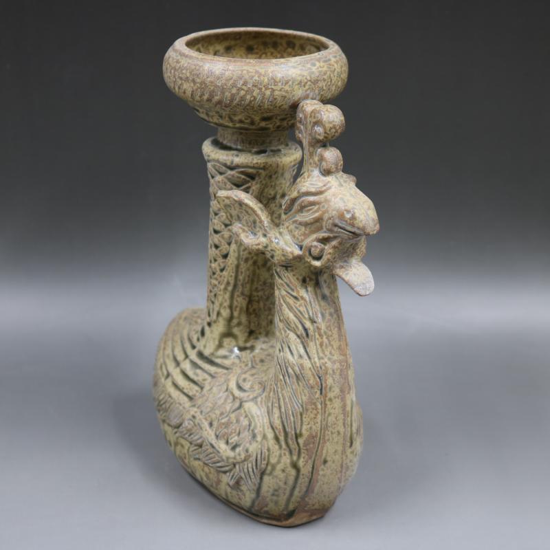 越窯雕刻鳳型燭臺油燈老貨家居老貨擺件收藏仿古裝飾瓷器古董古玩1入