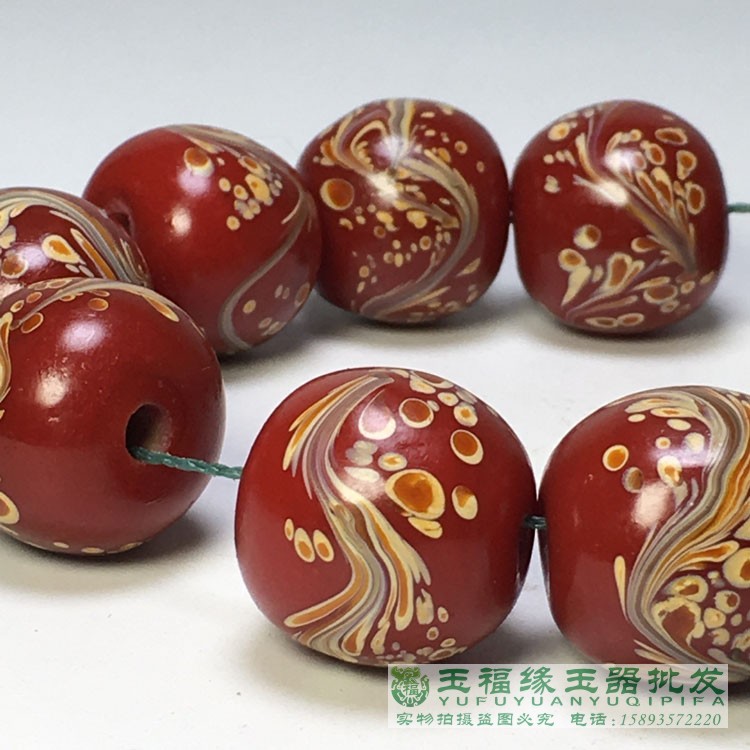 民國老琉璃珠子古法手工透亮藍鳳凰圖案老琉璃珠20mm金星鳳尾| 協