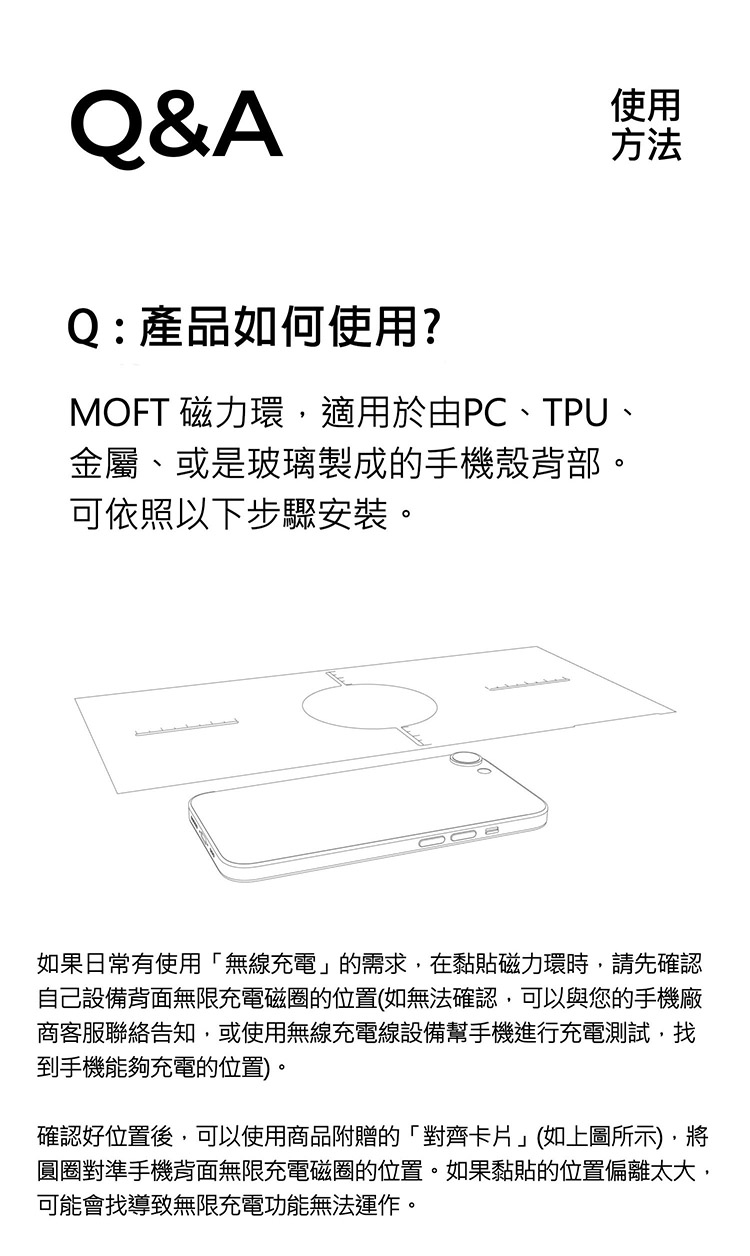 Q&A使用方法Q:產品如何使用?MOFT 磁力環適用於由PC、TPU、金屬、或是玻璃製成的手機殼背部。可依照以下步驟安裝。如果日常有使用無線充電」的需求,在黏貼磁力環時,請先確認自己設備背面無限充電磁圈的位置(如無法確認,可以與您的手機廠商客服聯絡告知,或使用無線充電線設備幫手機進行充電測試,找到手機能夠充電的位置)。確認好位置後,可以使用商品附贈的「對齊卡片」(如上圖所示),將圓圈對準手機背面無限充電磁圈的位置。如果黏貼的位置偏離太大,可能會找導致無限充電功能無法運作。