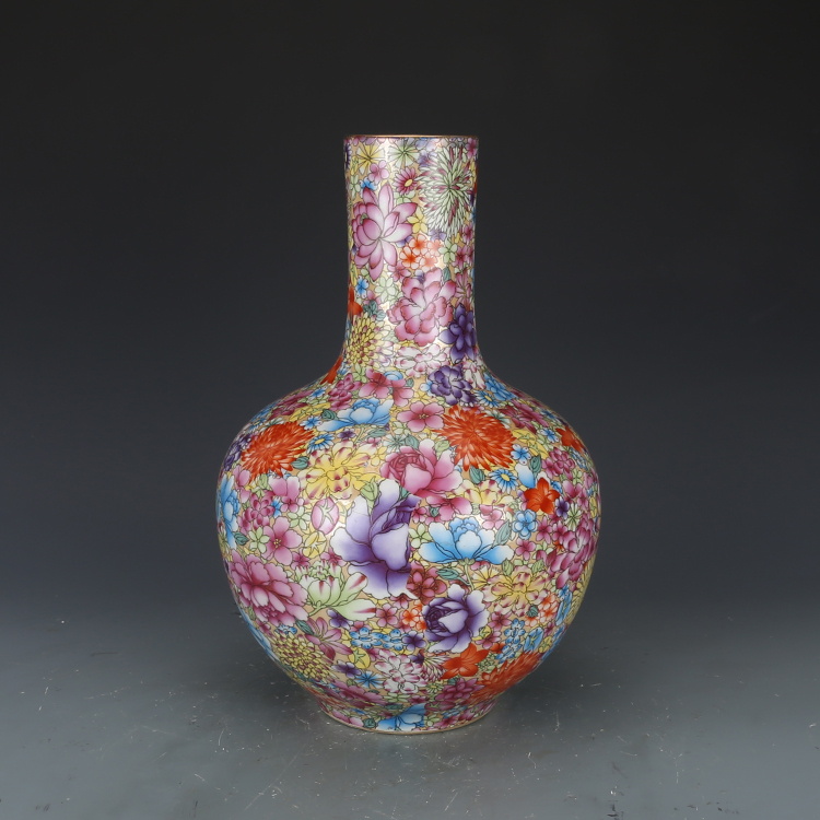 清雍正御制粉彩金地萬花天球瓶古董古玩收藏品真品景德鎮仿古瓷器
