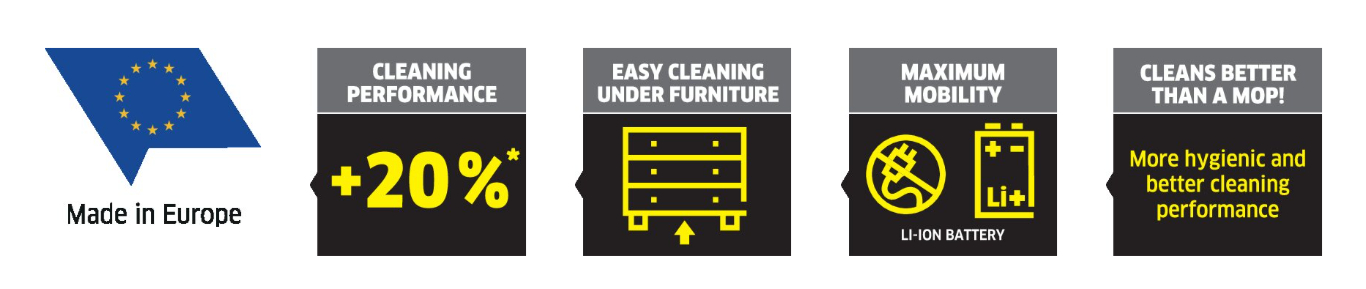 CLEANINGPERFORMANCEEASY CLEANINGUNDER FURNITUREMade in Europe20%MAXIMUMMOBILITYLI-ION BATTERYCLEANS BETTERTHAN A MOP!More hygienic andbetter cleaningperformance