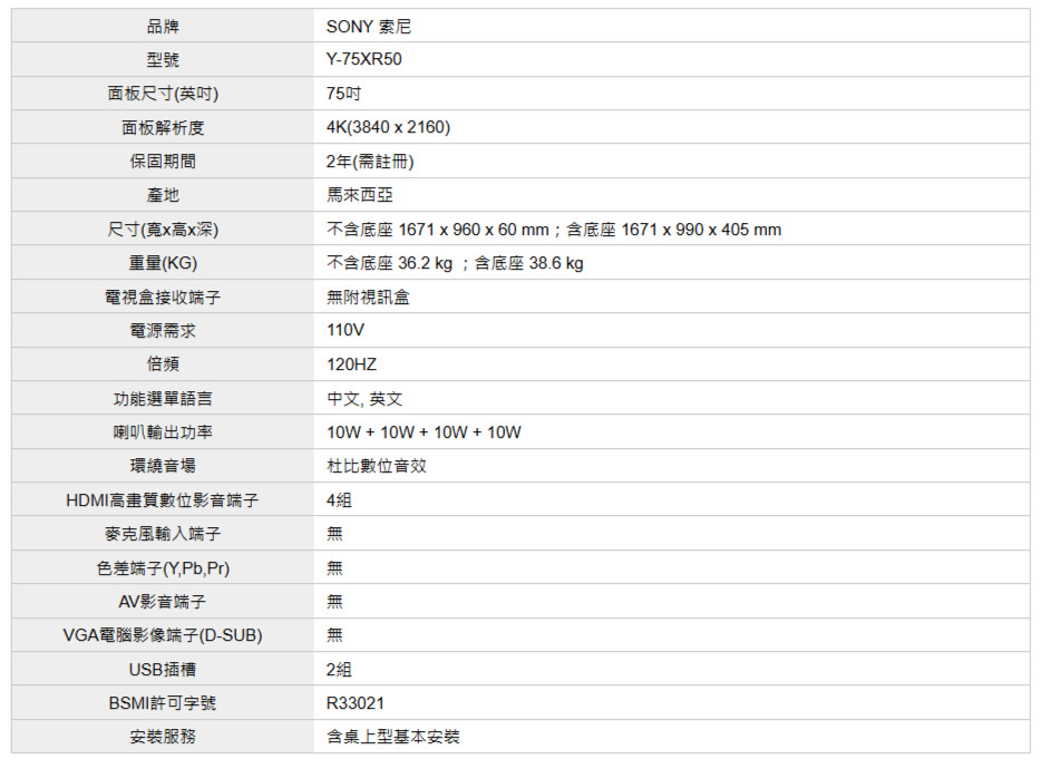 品牌型號SONY 索尼Y-75XR50面板尺寸(英吋)75吋面板解析度保固期間產地尺寸(寬x高x深)重量(KG)4K(3840x2160)2年(註冊)馬來西亞不含底座 1671x960x60 mm;含底座 1671x990x405 mm不含底座 36.2 kg;含底座 38.6 kg無附視訊盒110V120HZ電視盒接收端子電源需求倍頻功能選單語言中文, 英文喇叭輸出功率10W+10W+10W+10W環繞音場杜比數位音效HDMI高畫質數位影音端子4組麥克風輸入端子無色差端子(Y,Pb,Pr)無AV影音端子VGA電腦影像端子(D-SUB)USB插槽BSMI許可字號安裝服務2組R33021含桌上型基本安裝