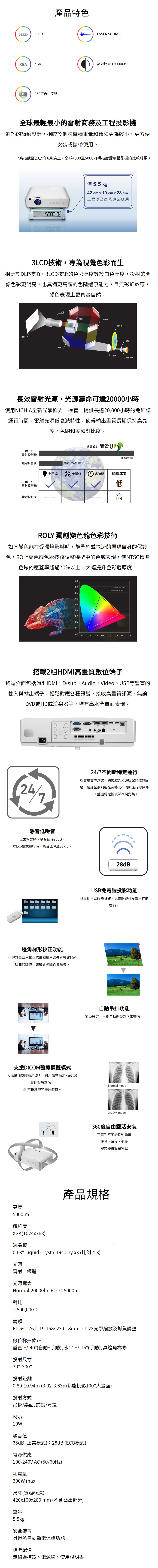 3LCD3LCD產品特色LASER SOURCEGA XGA高對比度 1500001360度自由安裝全球最輕最小的雷射商務及工程投影機輕巧的簡約設計相較於他牌機種重量和體積更為輕小,更方便安裝或攜帶使用。系指截至2019年8月為止,全球4000至5000流明亮度鐳射投影機的比較結果。2200*0僅5.5 42 cm x 10cm x 28 cm工程以及商務專業應用3LCD技術,專為視覺色彩而生相比於DLP技術,3LCD技術的色彩亮度等於白色亮度,投射的圖像色彩更明亮,也具備更高階的色階還原能力,且無彩虹效應,顏色表現上更真實自然。螢幕鏡子鏡頭棱鏡分色鏡螢光輪鏡頭鏡頭雷射光源長效雷射光源,光源壽命可達20000小時使用NICHIA全新光學極光二極管,提供長達20,000小時的免維護運行時間。雷射光源低衰減特性,使得輸出畫質長期保持高亮度,色飽和度和對比度。總體成本 節省 ROLY雷射投影機20,000小時燈泡投影機2000~6000小時免更換 X免維修  省時間 總體成本ROLY雷射投影機低燈泡投影機高ROLY 獨創變色龍色彩技術如同變色龍在受環境影響時,能準確並快速的展現自身的保護色,ROLY變色龍色彩技術調整機型中的色域表現,使NTSC標準色域的覆蓋率超過70以上,大幅提升色彩還原度。0.90.8rec 709 ROLY0.70.40.30.10.00.1 0.2 0.3 0.4 0.5 0.6 0.7 0.8搭載2組HDMI高畫質數位端子終端介面包括2組HDMI,D-sub,Audio,Video、USB等豐富的輸入與輸出端子,輕鬆對應各種訊號,接收高畫質訊源,無論DVD或HD或遊樂器等,均有高水準畫面表現。24/7不間斷穩定運行經實驗實際測試,突破激光光源搭配的散熱困境,確認全系列能在長時間不間斷運行的條件下,整機穩定性依然表現完美。靜音低噪音正常模式時,噪音值僅35dB。以模式運行時,噪音值降至28dB。USB邊角梯形校正功能可輕鬆由四角校正梯形和對角線失真導致傾斜扭曲的圖像,讓投影範圍符合螢幕。支援DICOM醫療模擬模式大幅增加灰階顯示能力,可以清楚顯示X光片和其他醫療影像。※本投影機非醫療裝置。360%28dBUSB免電腦投影功能輕鬆插入USB隨身碟,免電腦即可投影內存的檔案。自動功能無須設定,吊掛自動返轉為正常畫面。Normal modeDICOM mode360度自由靈活安裝可應對不同的投影角度正投,背投,側投安裝變得簡單容易亮度5000lm產品規格解析度XGA(1024x768)液晶板0.63 Liquid Crystal Display x3 (比例:4:3)光源雷射二極體光源壽命Normal:20000hr. ECO:25000hr對比1,500,000: 1鏡頭F1.6~1.76,f=19.158~23.018mm,1.2X光學縮放及對焦調整數位梯形修正垂直:+/-40°(自動+手動), 水平:+/-15°(手動), 具邊角梯修投射尺寸30-300投射距離0.89-10.94m (3.02-3.63m都能投影100大畫面)投射方式吊掛/桌面, 前投/背投喇叭10W噪音值35dB (正常模式);28dB (ECO模式)電源供應100-240V AC (50/60Hz)耗電量300W max尺寸(寬x高x深)420x100x280 mm (不含凸出部分)重量5.5kg安全裝置具過熱自動斷電保護功能標準配備無線遙控器、電源線、使用說明書