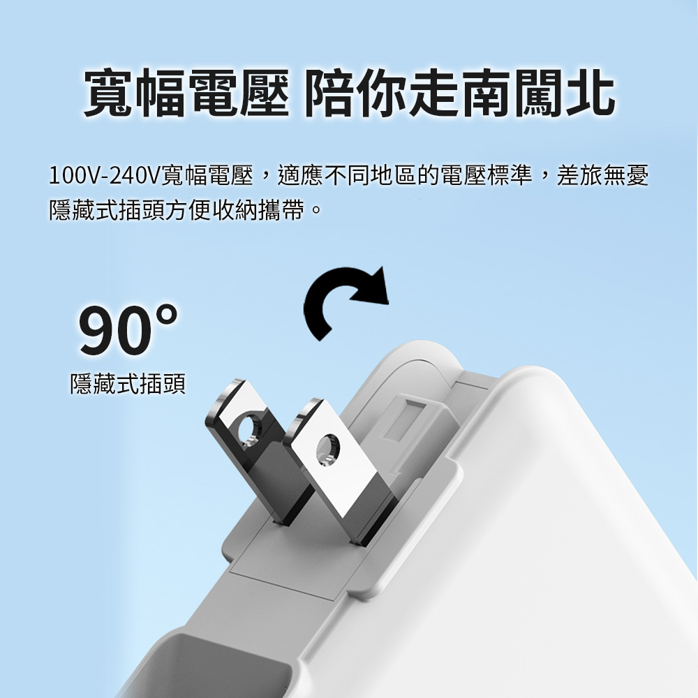 寬幅電壓 陪你走南闖北100V-240V寬幅電壓,適應不同地區的電壓標準,差旅無憂隱藏式插頭方便收納攜帶。90隱藏式插頭