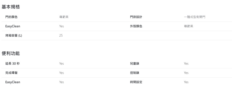 基本規格外殼顏色一體成型側開門尊黑門的颜色尊爵黑門款設計EasyCleanYes烤箱容量(L)25便利功能延長 30 秒Yes兒童鎖Yes控制鎖Yes完成聲Yes時間設定YesEasyCleanYes