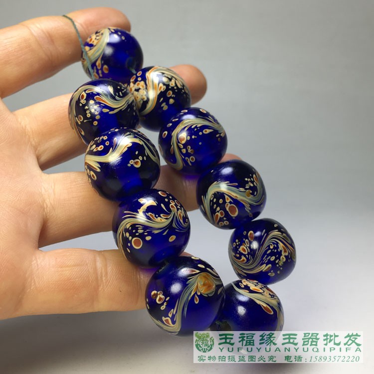 民國老琉璃珠子古法手工透亮藍鳳凰圖案老琉璃珠20mm金星鳳尾| 協