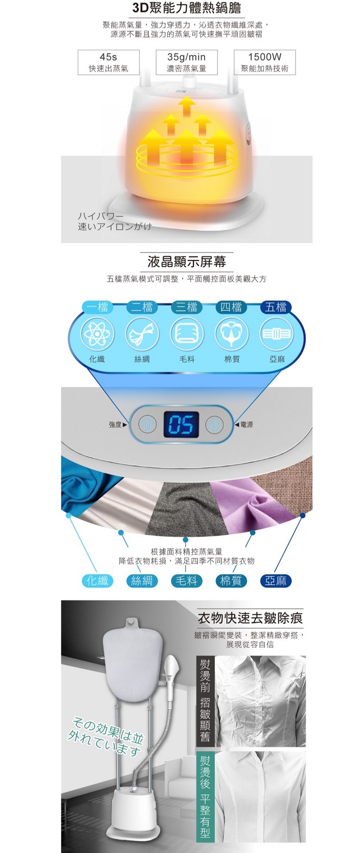 3D聚能力體熱鍋膽聚能蒸氣量,強力穿透力,沁透衣物纖維深處源源不斷且強力的蒸氣可快速撫平頑固皺褶1500W45s35g/min快速出蒸氣濃密蒸氣量聚能加熱技術速いアイロンがけT液晶示屏幕五蒸氣模式可調整,平面觸控面板美觀大方一檔 二檔 三檔四檔五檔化纖絲綢毛料棉質亞麻強度電源根據面料精控蒸氣量降低衣物耗損,滿足四季不同材質衣物化纖 毛料棉質亞麻衣物快速去皺除痕効果は外れています皺褶瞬間變裝,整潔精緻穿搭,展現從容自信 顯