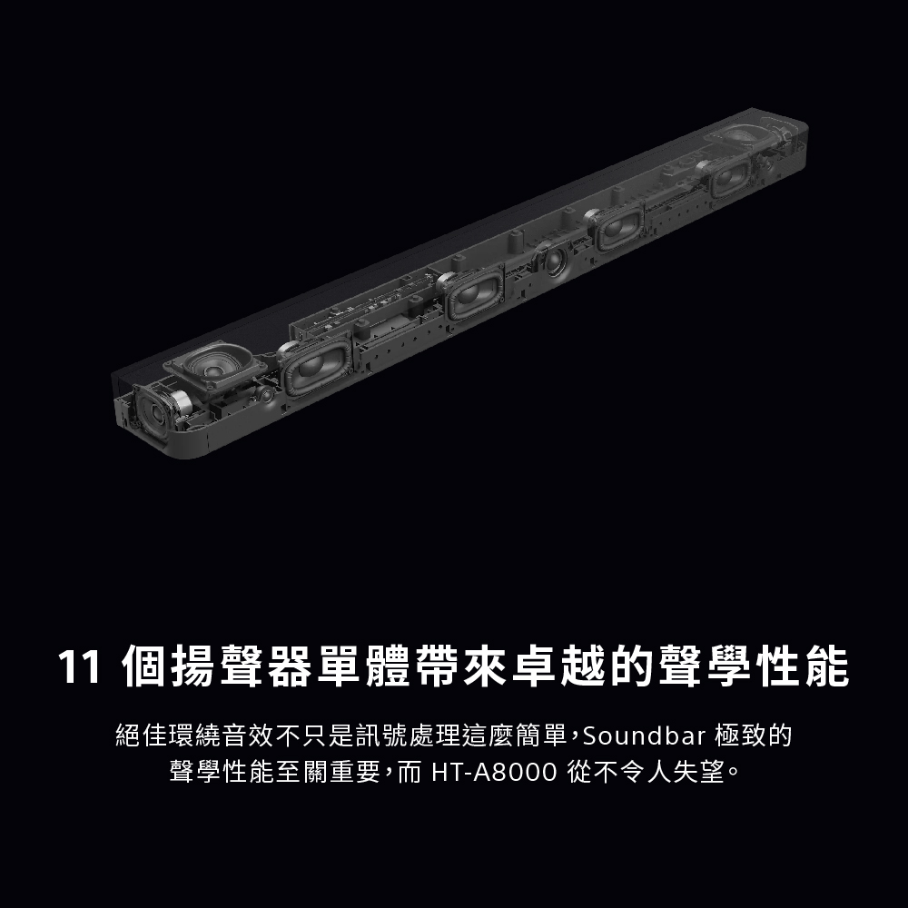 11 個揚聲器單體帶來卓越的聲學性能絕佳環繞音效不只是訊號處理這麼簡單,Soundbar 極致的聲學性能至關重要,而 HT-A8000 從不令人失望。