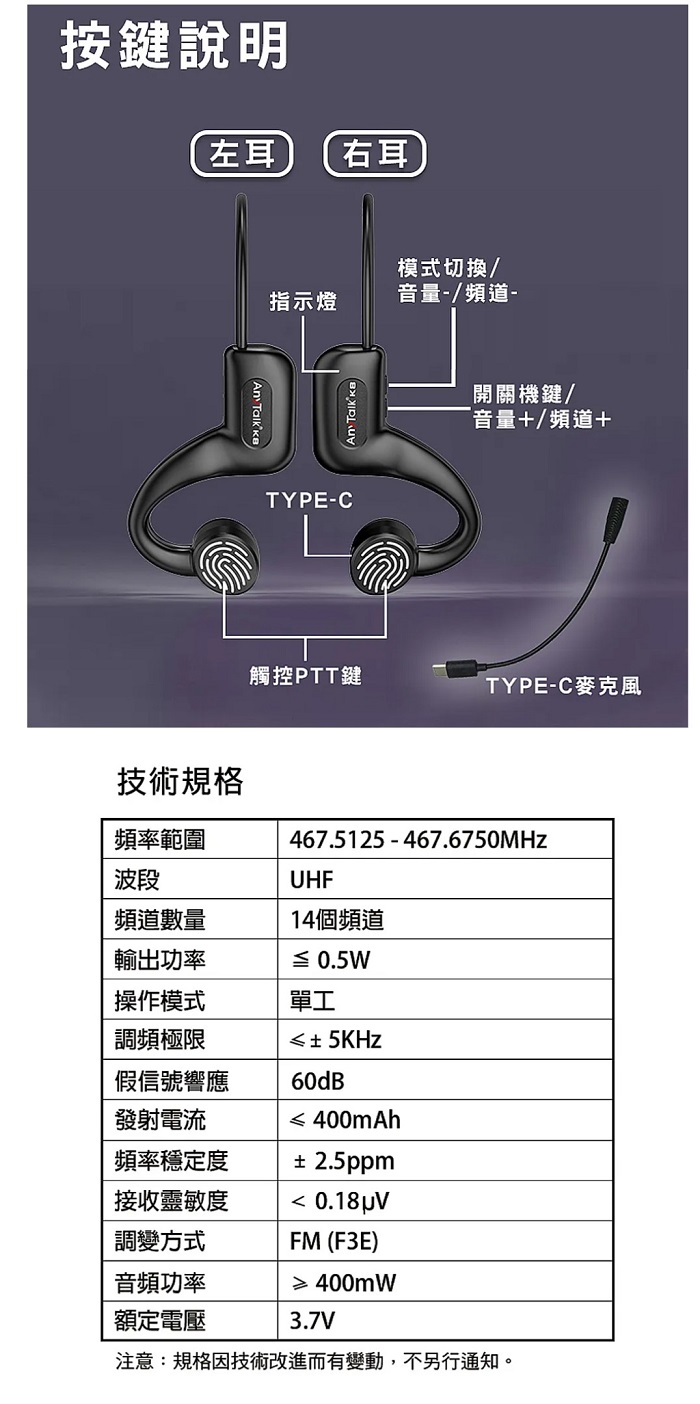 按鍵說明左耳右耳技術規格頻率範圍  模式切換/指示燈音量-/頻道-TYPE-C( 開關機鍵/音量+/頻道+觸控鍵TYPE-C麥克風467.5125-467.6750MHz波段UHF頻道數量14個頻道輸出功率≦ 0.5W操作模式單工調頻極限假信號響應發射電流頻率穩定度接收靈敏度調變方式音頻功率額定電壓±5KHz60dB 400mAh±2.5ppm FM (F3E)≥400mW3.7V注意:規格因技術改進而有變動,不另行通知。