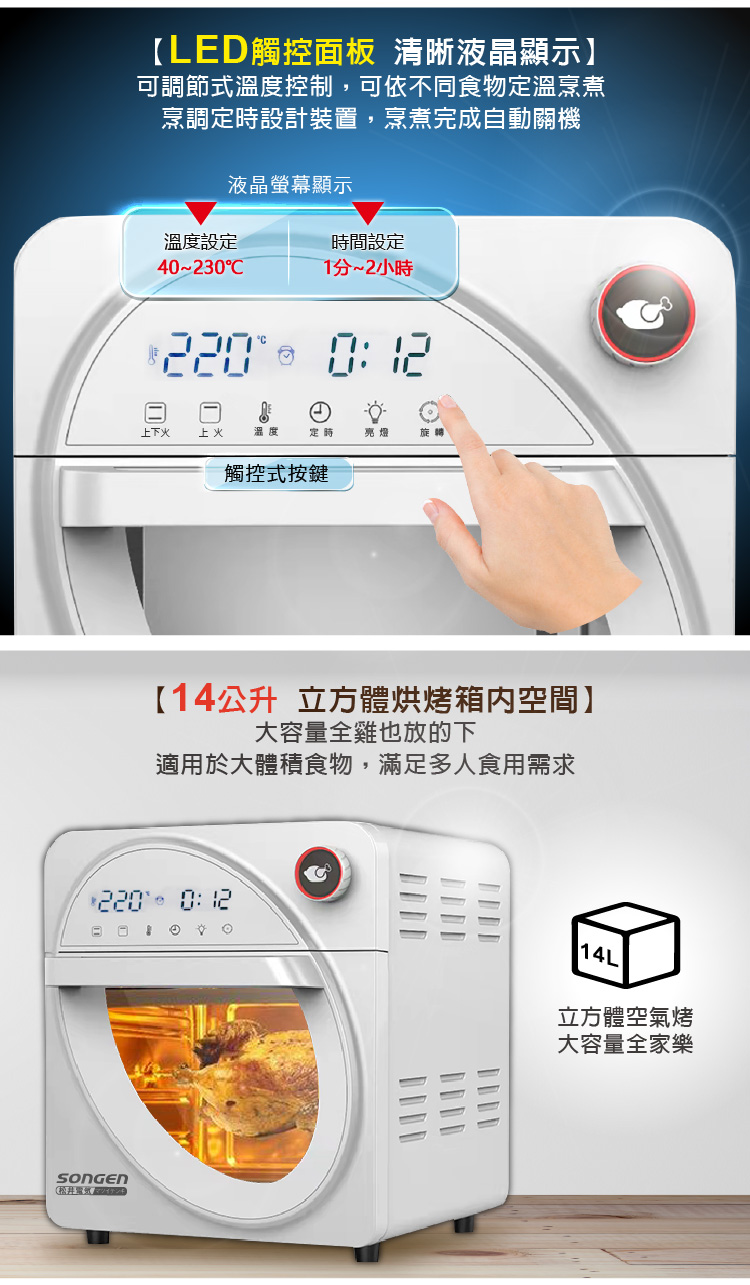LED觸控面板 清晰液晶顯示】可調節式溫度控制,可依不同食物定溫烹煮烹調定時設計裝置,烹煮完成自動關機液晶螢幕顯示溫度設定4230C時間設定1分~2小時 0 上下火上火溫度定時亮燈旋轉觸控式按鍵【14公升 立方體烘烤箱内空間】大容量全雞也放的下適用於大體積食物,滿足多人食用需求2200 14L立方體空氣烤大容量全家樂