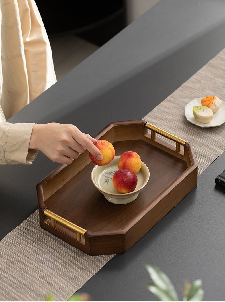 3-Piece Wooden Serving Tray Set With Gold Metal Handle 29 3-Piece Wooden Serving Tray Set With Gold Metal Handle