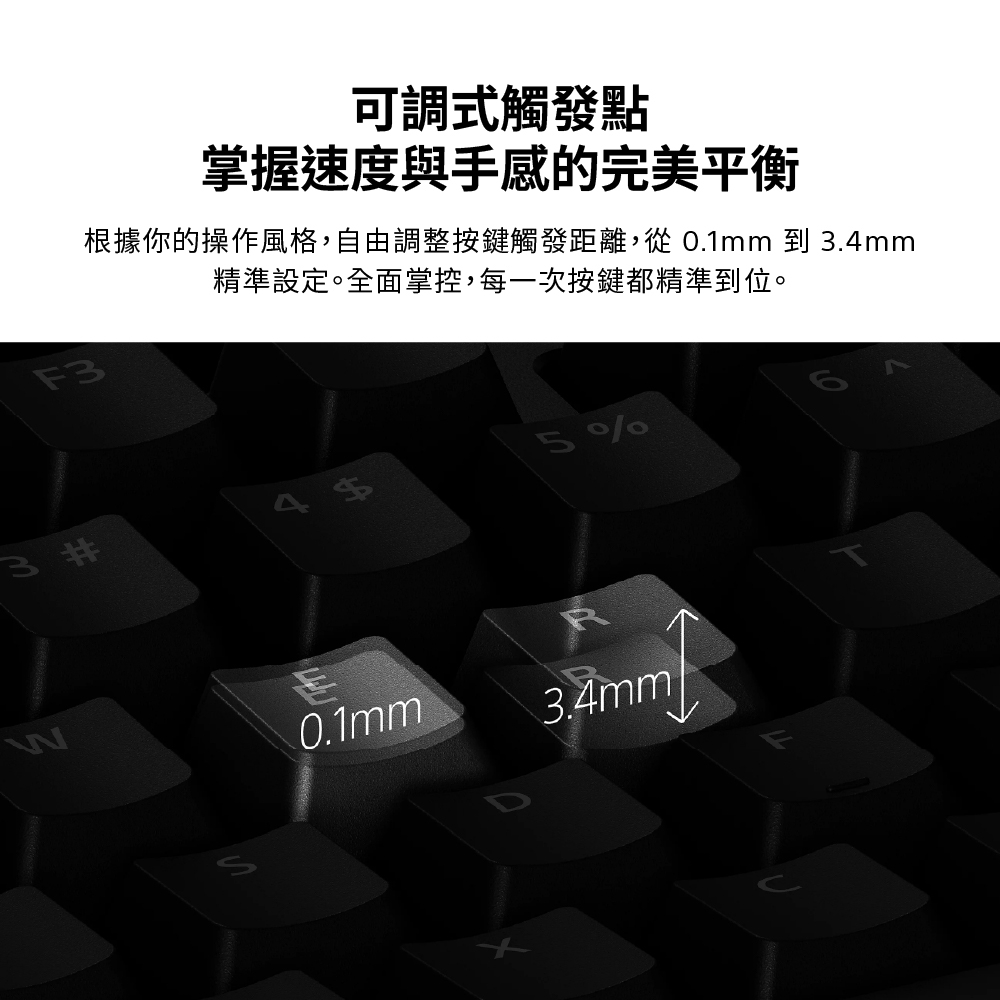 F3 #可調式觸發點掌握速度與手感的完美平衡根據你的操作風格,自由調整按鍵觸發距離,從 0.1mm 到 3.4mm精準設定。全面掌控,每一次按鍵都精準到位。0.1mm5%