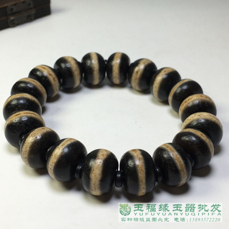 風化瑪瑙 一線藥師珠 線天珠 17CMブレスレット 藏傳風化老瑪瑙一線藥師珠算盤珠手串手鏈黑白天珠男女款手飾| 協