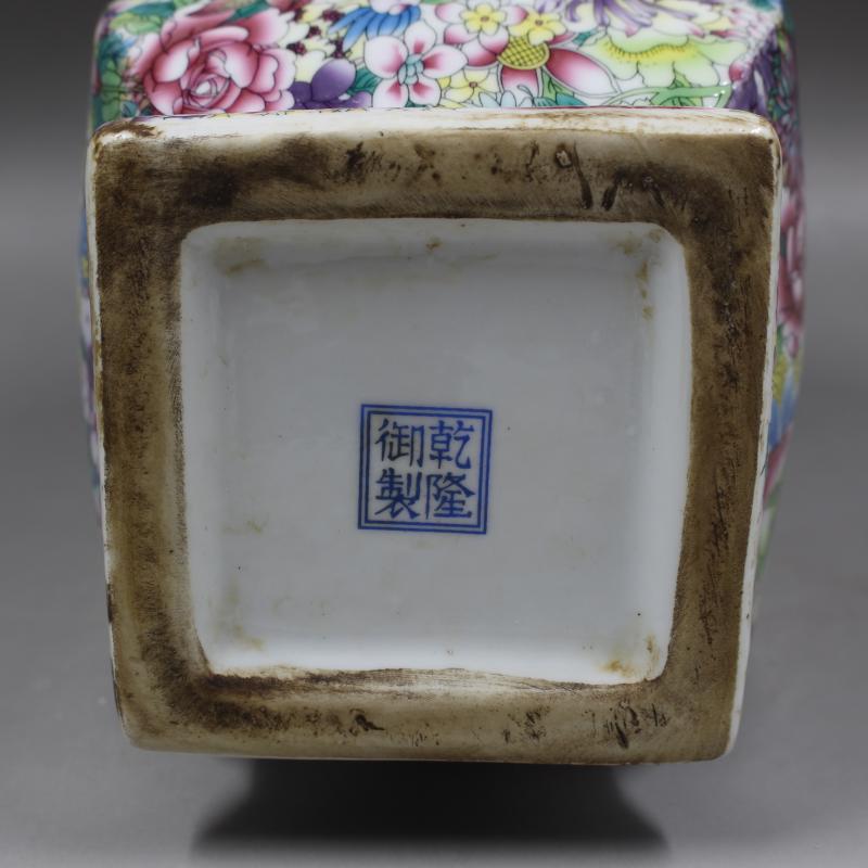 中国古美術　大清乾隆年製　粉彩花入 清乾隆年制粉彩描金萬花不落地四方花瓶仿古觀賞瓷器擺件古董古玩