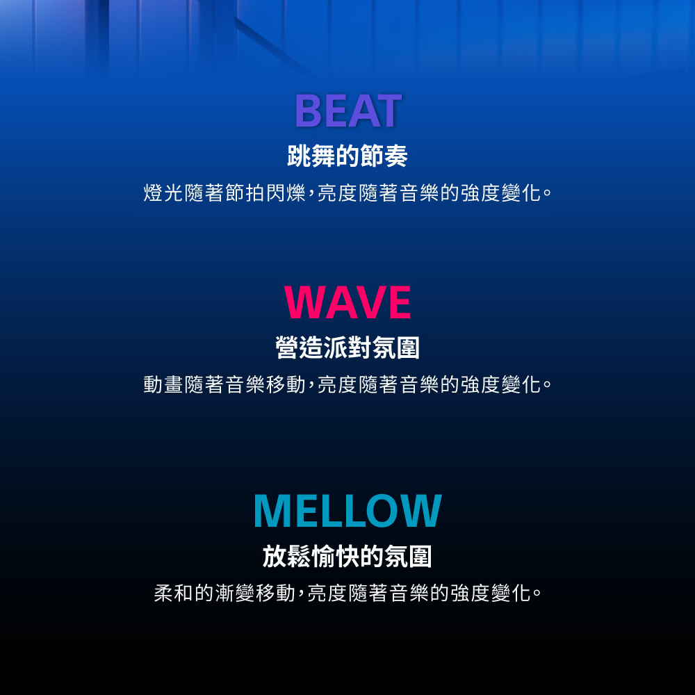 BEAT跳舞的節奏燈光隨著節拍閃爍,亮度隨著音樂的強度變化。WAVE營造派對氛圍動畫隨著音樂移動,亮度隨著音樂的強度變化。MELLOW放鬆愉快的氛圍柔和的漸變移動,亮度隨著音樂的強度變化。
