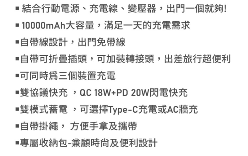 結合行動電源、充電線、變壓器,出門一個就夠! 10000mAh大容量,滿足一天的充電需求線設計,出門免帶線可折疊插頭,可加裝轉接頭,出差旅行超便利可同時三個裝置充電雙協議快充,QC18W+PD20W閃電快充雙模式蓄電,可選擇Type-C充電或AC牆充掛繩,方便手拿及攜帶專屬收納包-兼顧時及便利設計