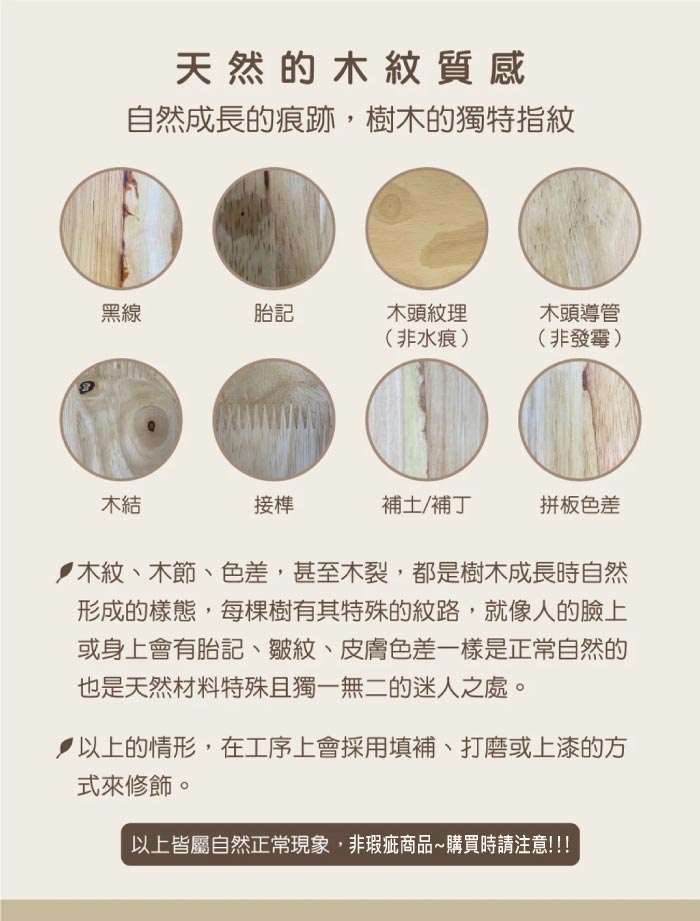 天然的紋質感自然成長的痕跡,樹木的獨特指紋黑線胎記木頭紋理木頭導管(非水痕)(非發霉)木接補土/補丁拼板色差木紋、木節、色差,甚至木裂,都是樹木成長時自然形成的樣態,每棵樹有其特殊的紋路,就像人的臉上或身上會有胎記、皺紋、皮膚色差一樣是正常自然的也是天然材料特殊且獨一無二的迷人之處。以上的情形,在工序上會採用填補、打磨或上漆的方式來修飾。以上皆屬自然正常現象,非瑕疵商品購買時請注意!!!