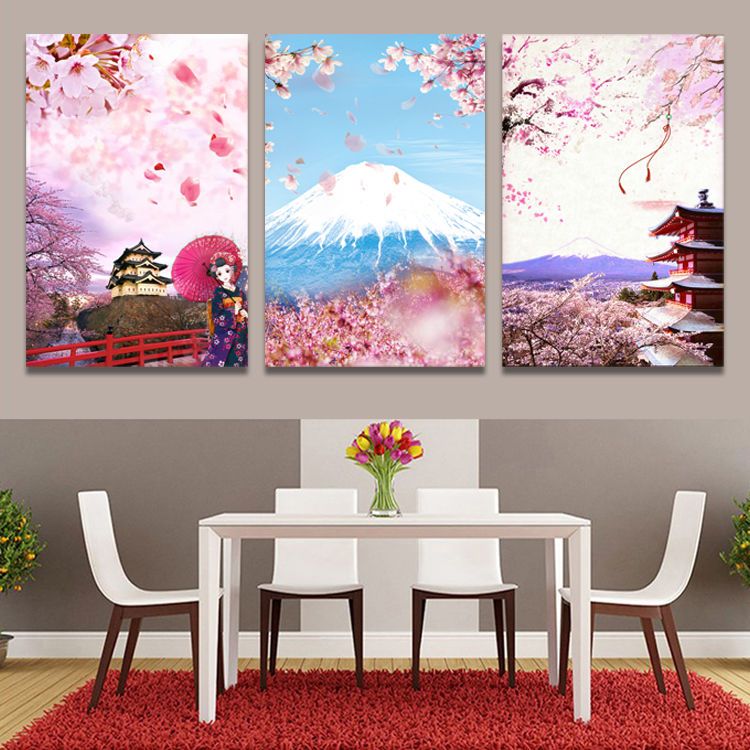 日本富士山櫻花風景掛畫日式壽司料理店裝飾畫居酒屋仕女圖墻壁畫 