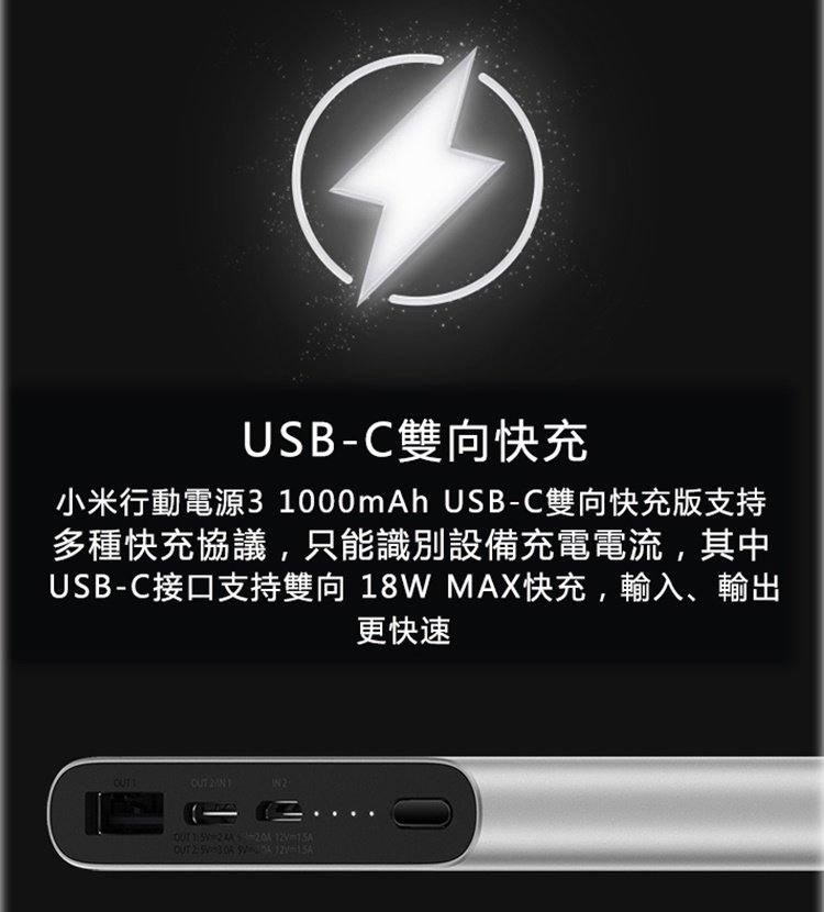 新上市 小米行動電源3第三代USB-C雙向快充 Qc3.0 10000mAh