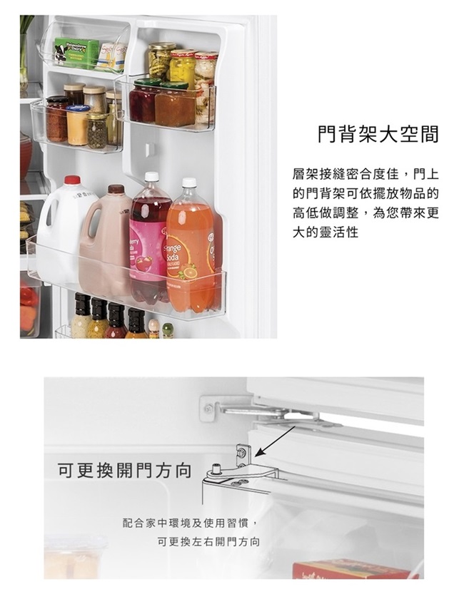 Soda可更換開門方向配合家中環境及使用習慣,可更換左右開門方向門背架大空間層架接縫密合度佳,門上的門背架可依擺放物品的高低做調整,為您帶來更大的靈活性