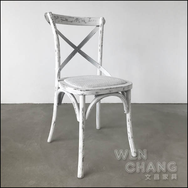 【交叉椅 CH009】法式鄉村籐編椅墊作舊木椅去背首圖,白色做舊柞木實木餐椅