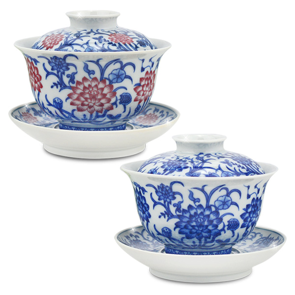 堯峰陶瓷】圓融蓋碗茶杯(青花蓮紋/釉裡紅蓮紋) 單入附蓋杯碟| 精品陶瓷